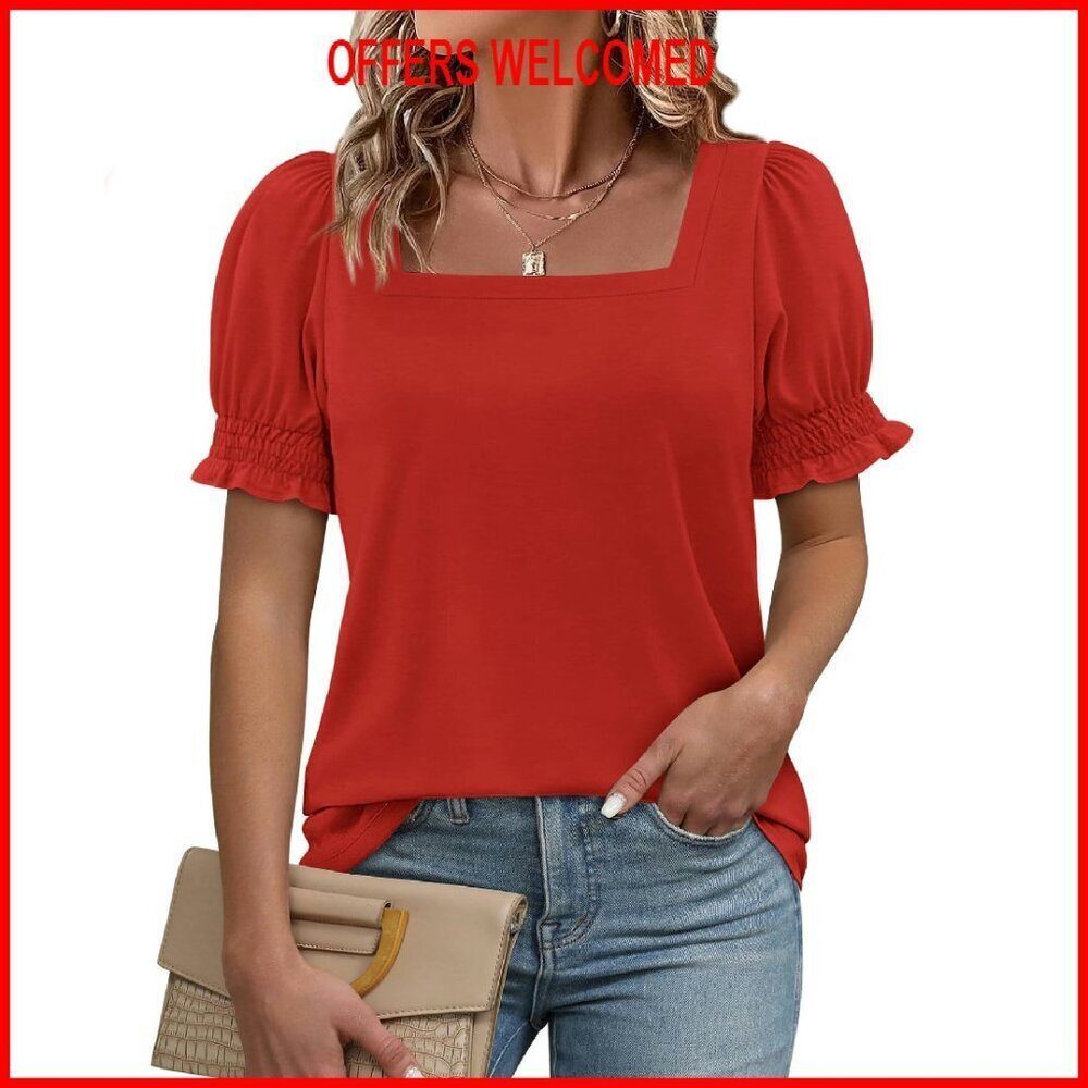 Square Neck Ruffle Sleeve Summer Top Casual T-Shirt Women's Trendy